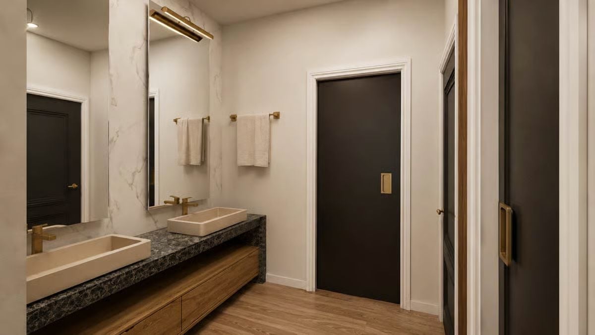 Vessel Sinks and Dark Granite on a Wood Vanity That Pulls Its Weight