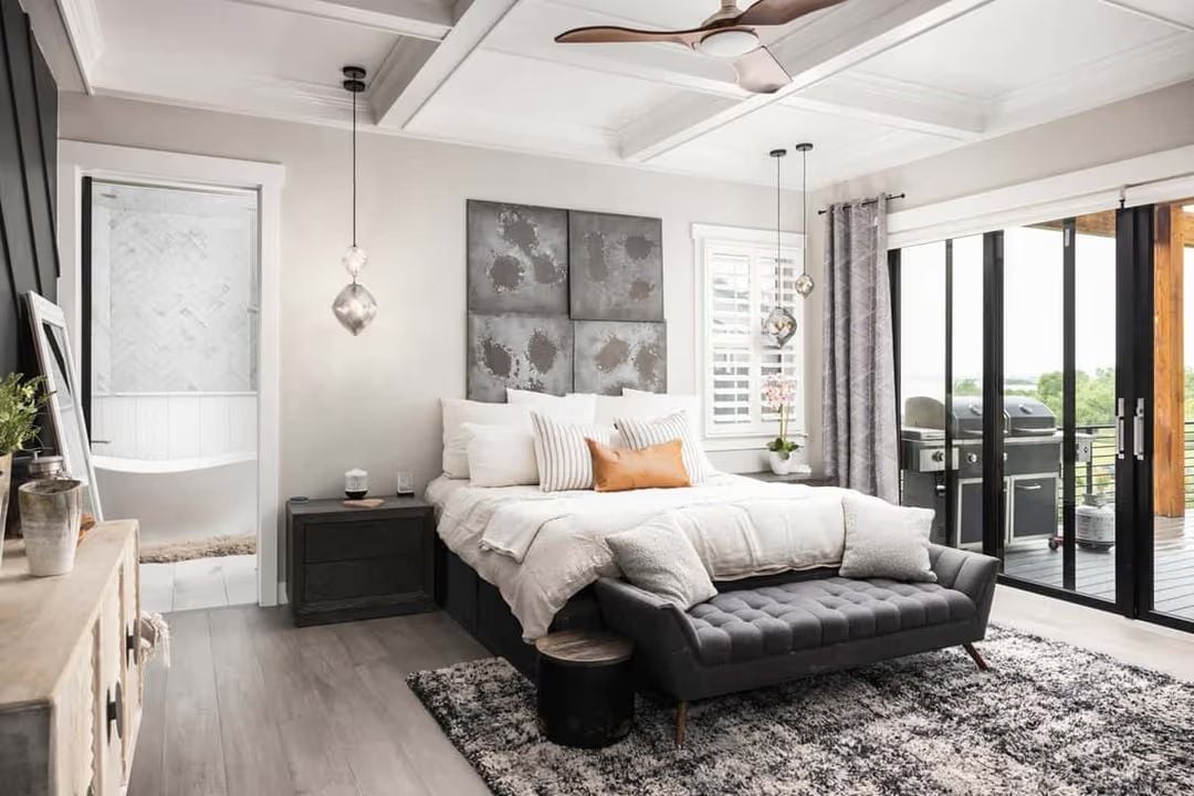 Coffered Ceiling, Pendant Lights, and a Bed That Takes Up Space Unapologetically