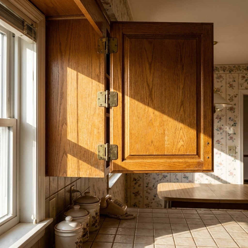 Brass Cabinet Hinges Visible on Every Single Door