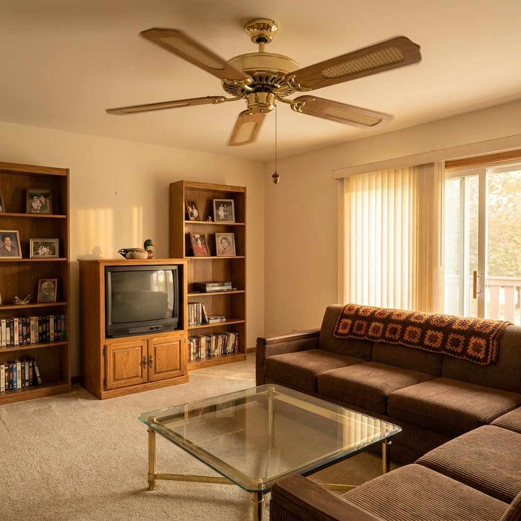 The Brass Ceiling Fan With the Cane Blades in the Family Room