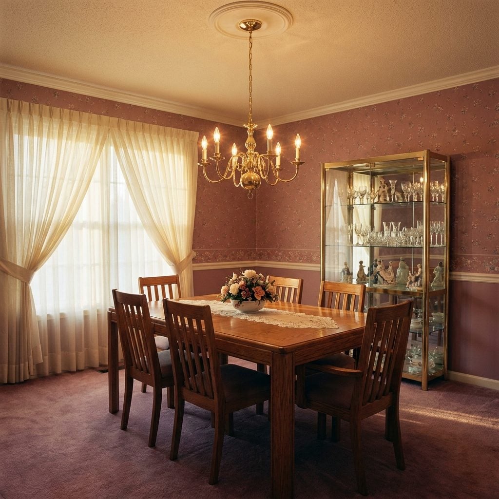 The Brass Chandelier Over the Dining Table With Six Flame-Shaped Bulbs