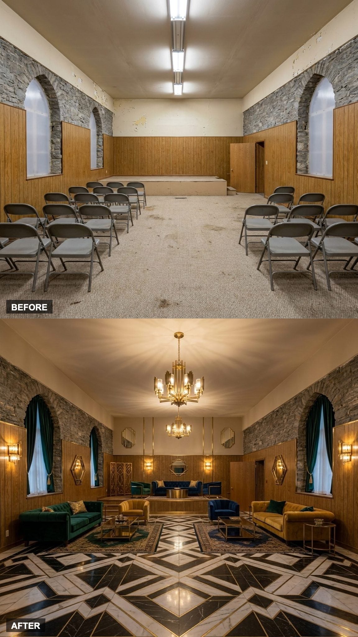 Brass Detailing, Geometric Marble Floors, and Velvet Furnishings Stage the Church as an Art Deco Revival