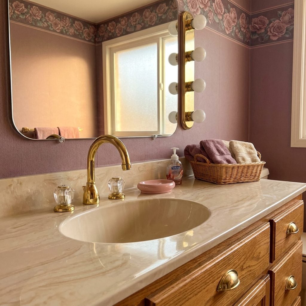 The Brass Faucet on the Bathroom Vanity With the Clear Acrylic Handles