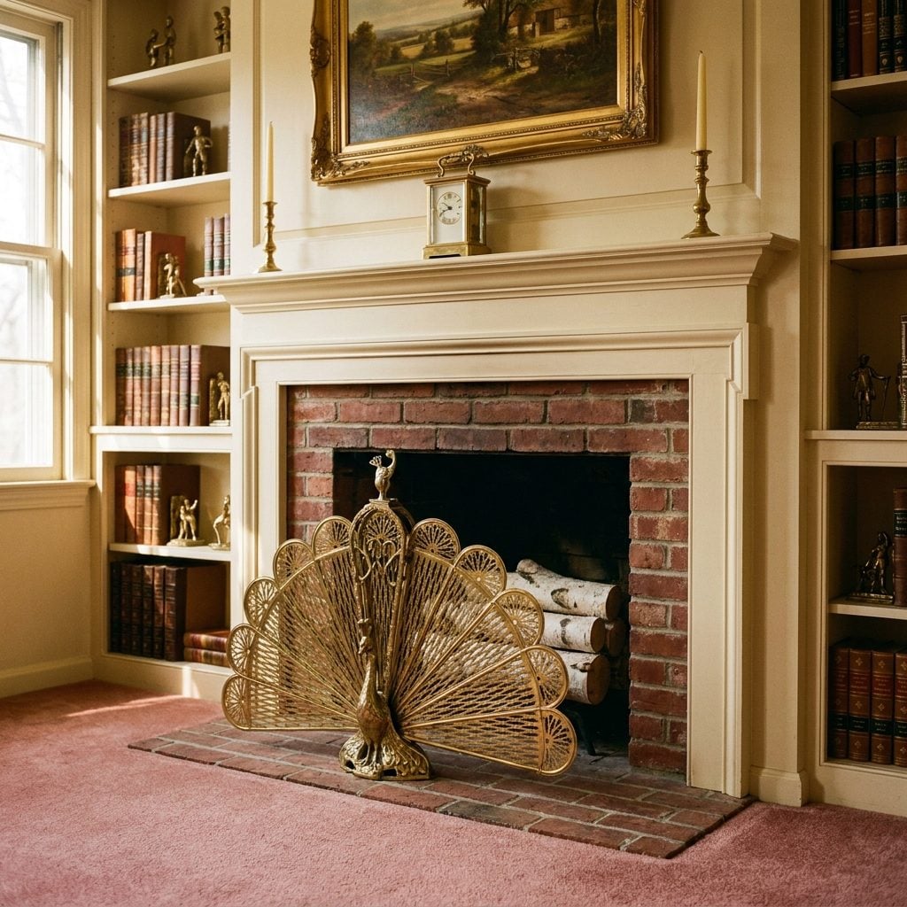 The Brass Peacock Fireplace Screen With the Fanned-Out Tail