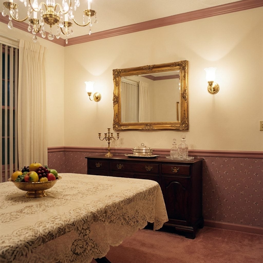 The Brass Sconce in the Dining Room With the Frosted Tulip Shades Pointing Up