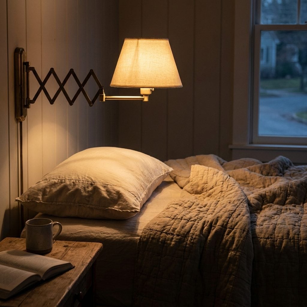 The Brass Swing-Arm Wall Lamp on Either Side of the Headboard