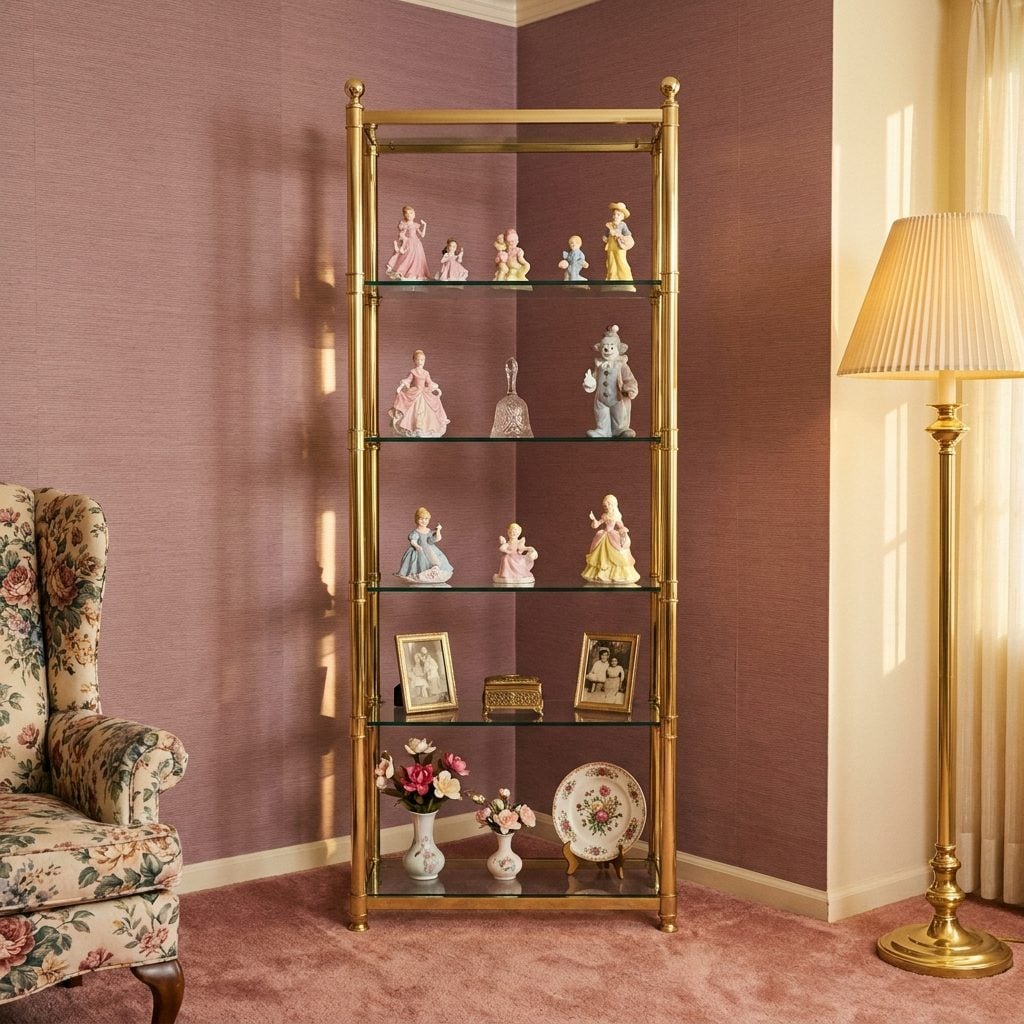 The Brass Étagère in the Corner of the Living Room With Five Glass Shelves of Collectibles