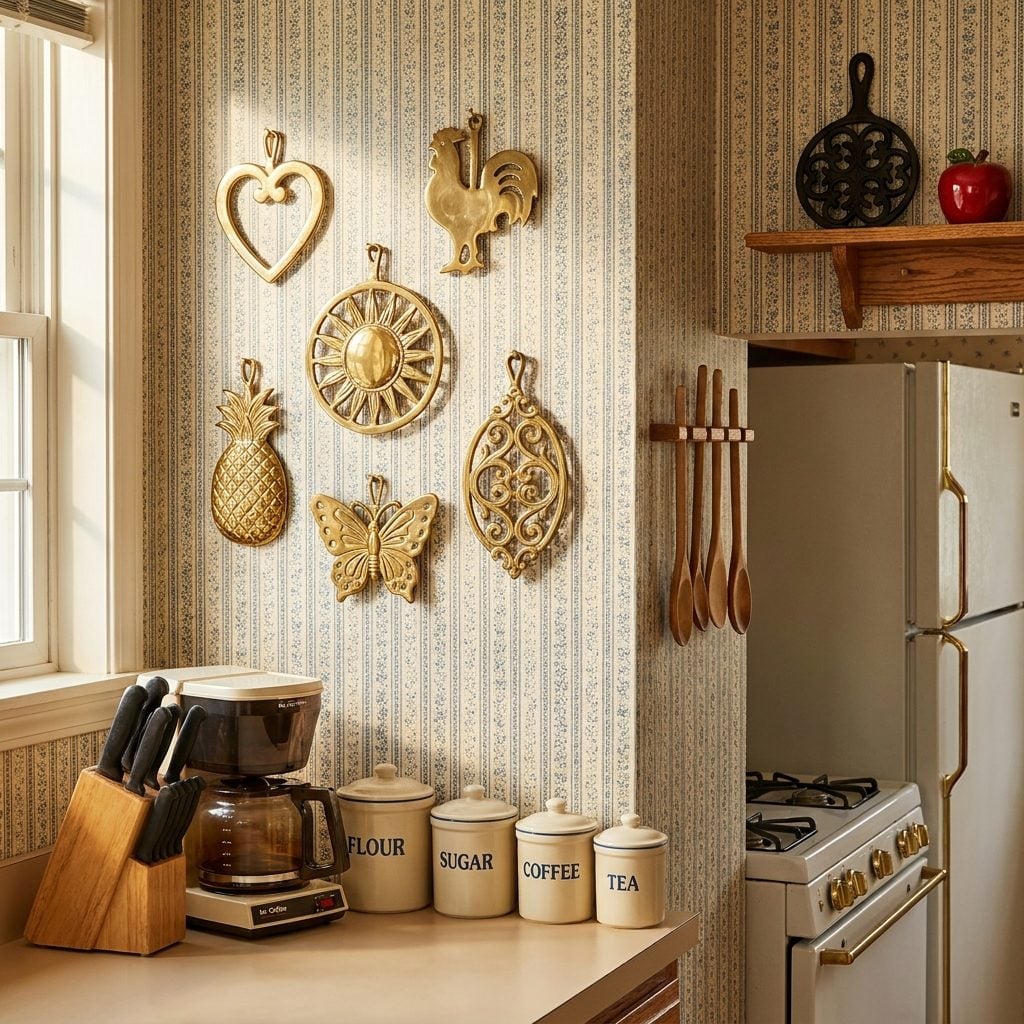 The Brass Trivet Collection Hanging on the Kitchen Wall