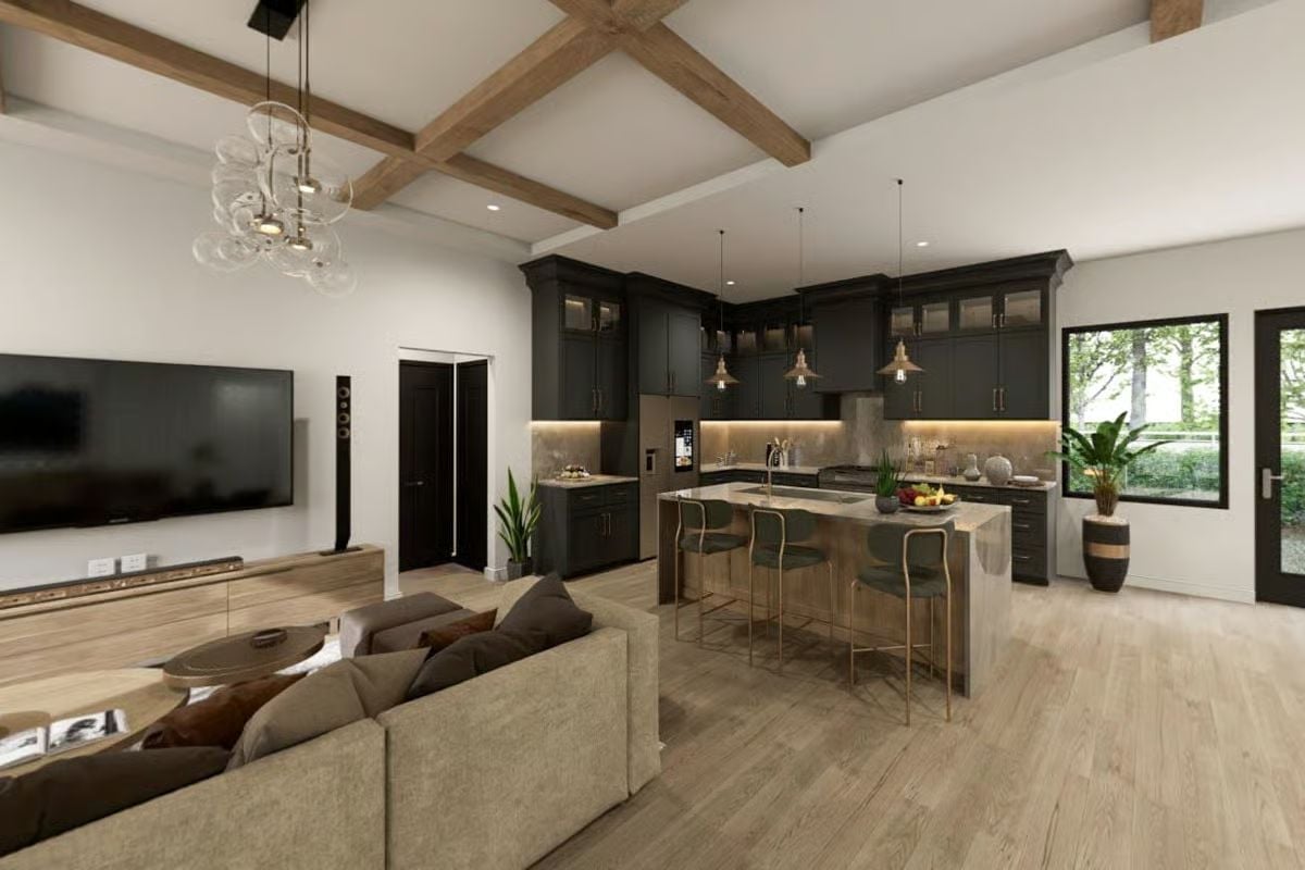 Dark Cabinetry and Exposed Beams Pull This Open-Concept Space Together