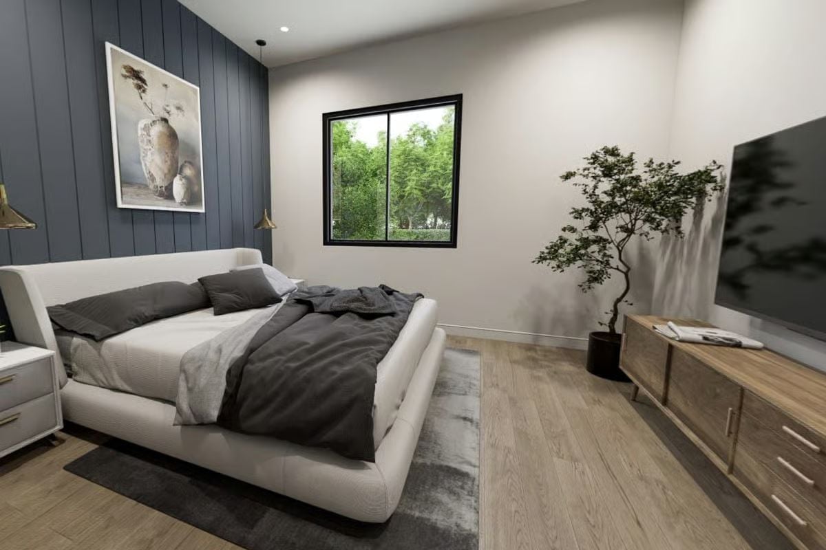 Slate Shiplap Behind the Bed Earns Every Bit of Attention It Gets
