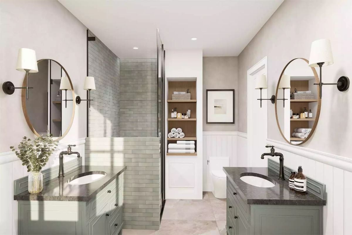 Sage Green Vanities, Oval Mirrors, Two Sinks That Don't Share Space