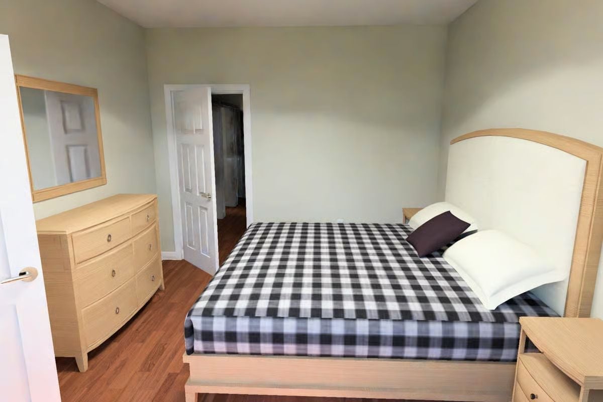 Plaid Bedding and Light Wood Furniture That Don't Try Too Hard