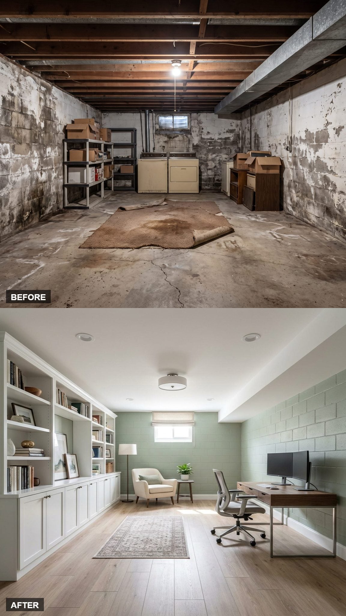 Bright Sage Home Office With a Full Storage Wall