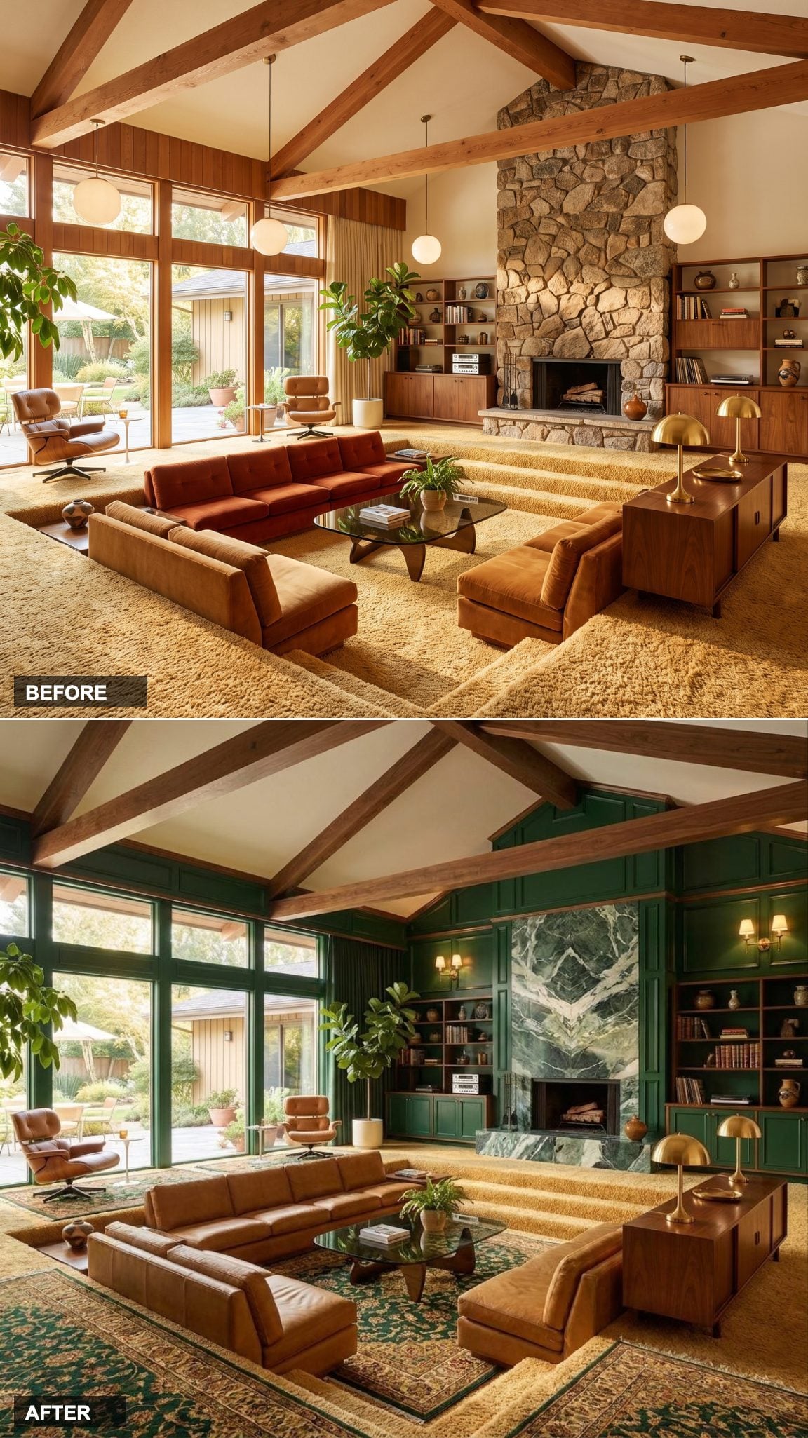 British Racing Green Paneling with Caramel Leather Sofas and Antique Brass Sconces