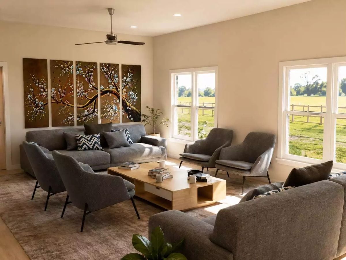 Cherry Blossom Panels Above a Sofa That Actually Has Enough Seats