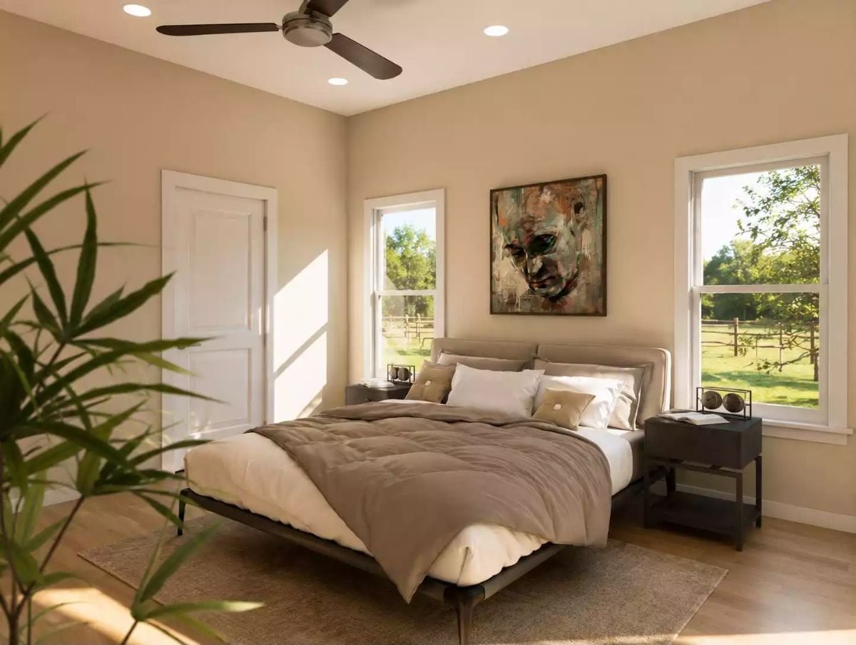 Taupe Walls and a Portrait Above the Bed That Refuses to Be Ignored