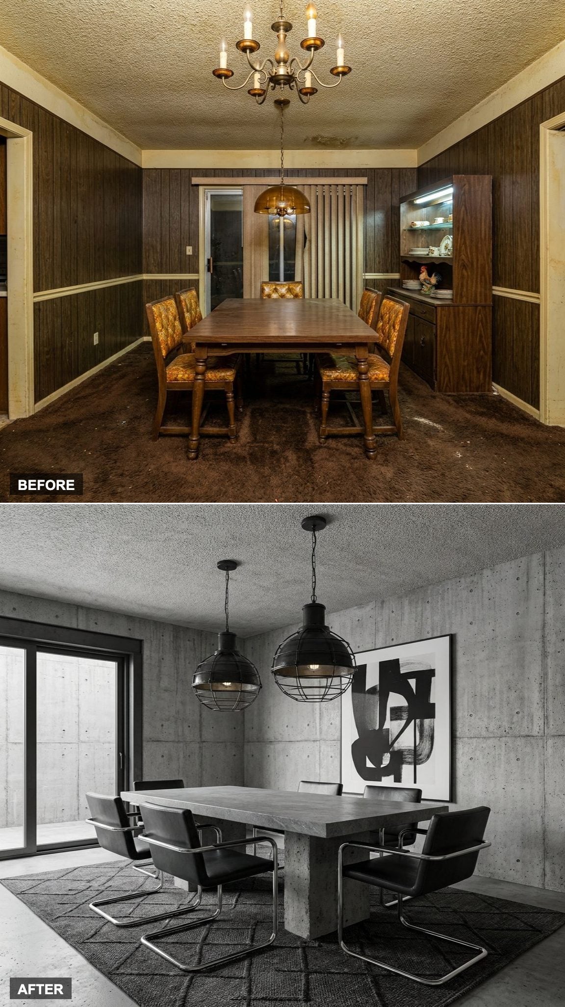 Brutalist Chic with Raw Concrete Walls, Sculptural Stone Table, and Industrial Pendants