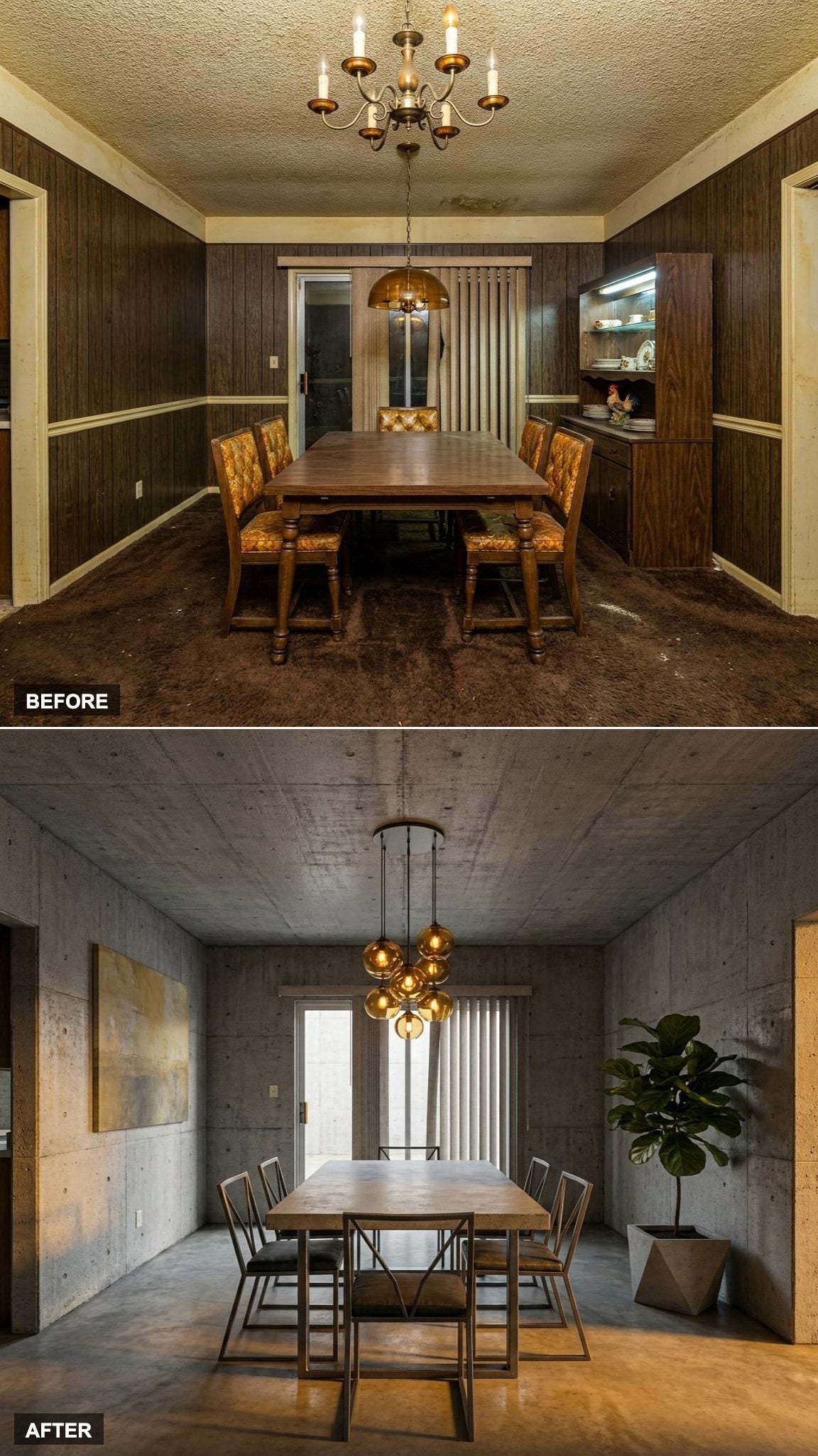Brutalist-Inspired Dining Room with Raw Concrete Walls, Steel Frames, and Amber Glass