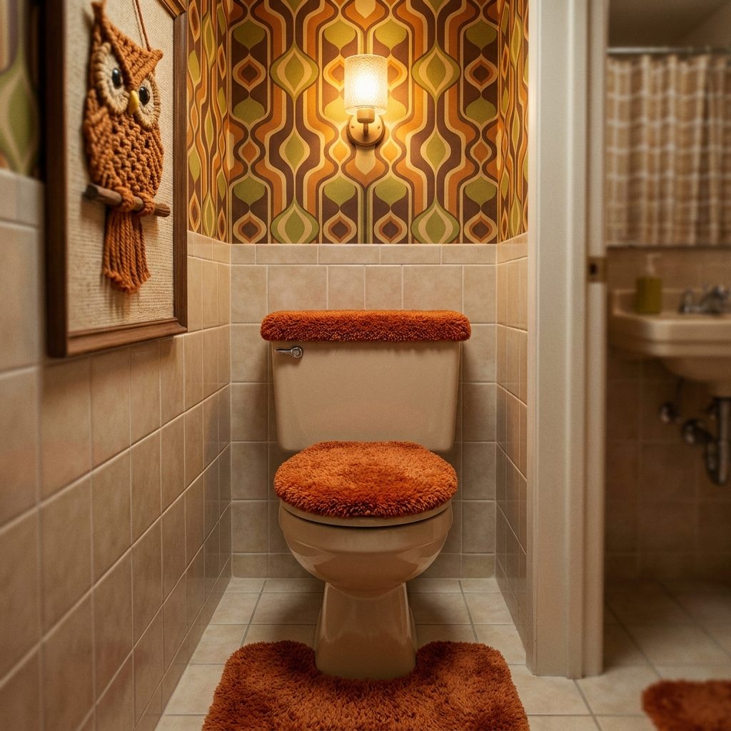 The Burnt Orange Bathroom Shag Set, Lid Cover, Tank Cover, and All