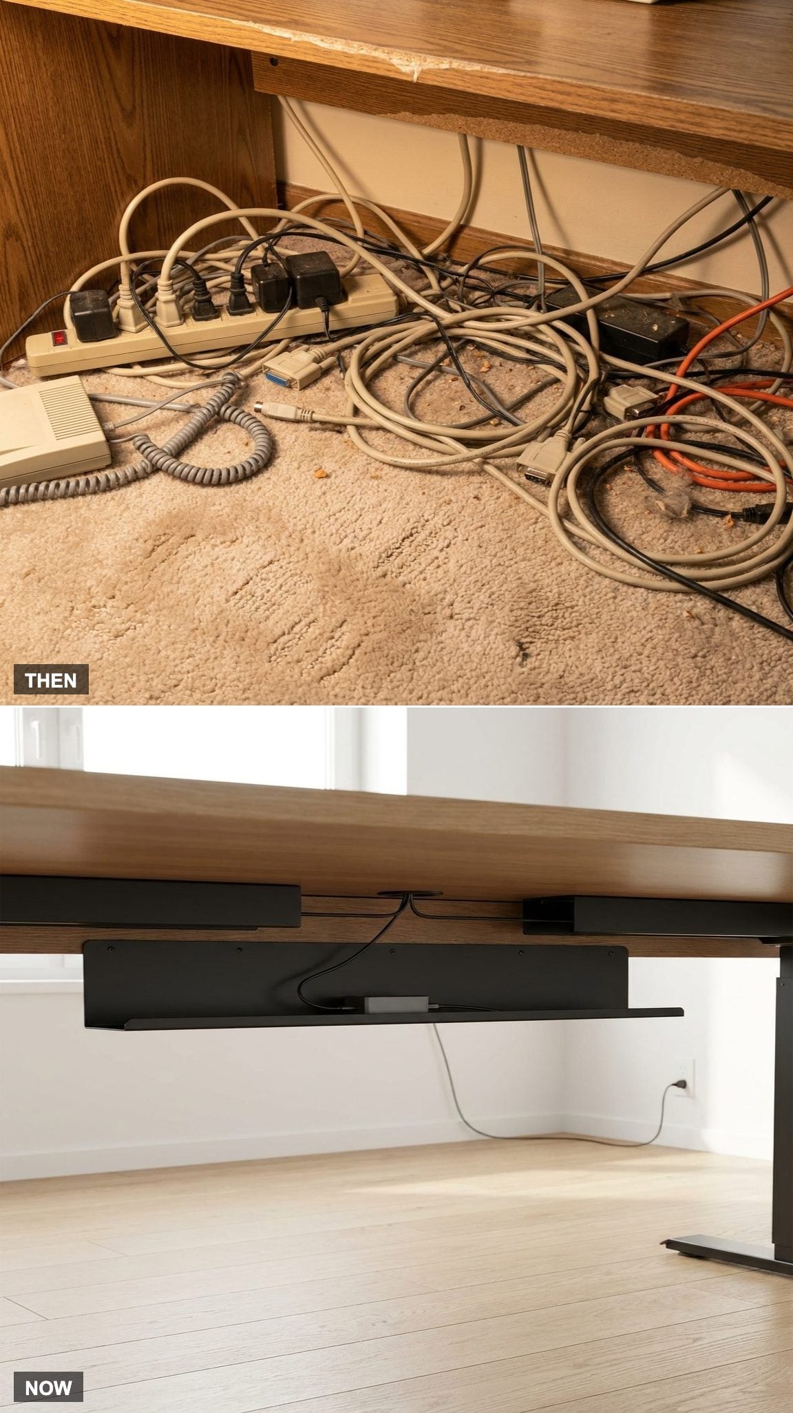 Every Cable Tangled Under the Desk vs. Wireless Accessories Cut the Clutter