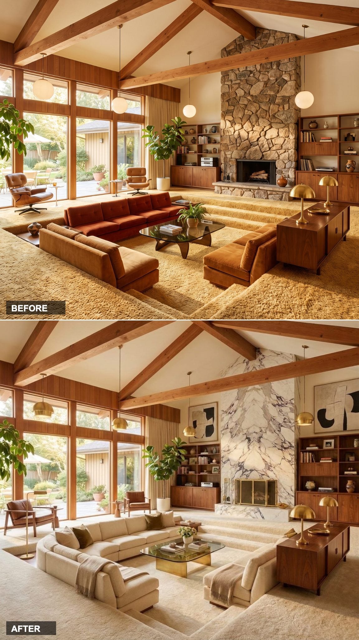 Calacatta Viola Fireplace, Curved Sectional, and Walnut Built-Ins Done Right