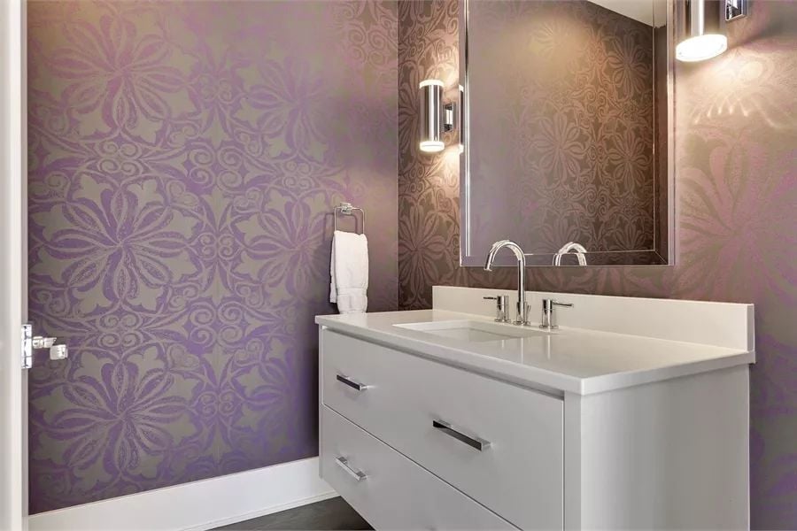 Purple Floral Wallpaper and a Floating Vanity That Earn Their Place Together