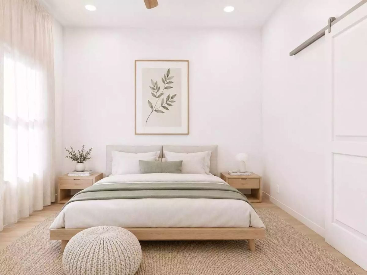 Sage Green and Bare Oak Pull a Minimalist Bedroom Back from Feeling Cold