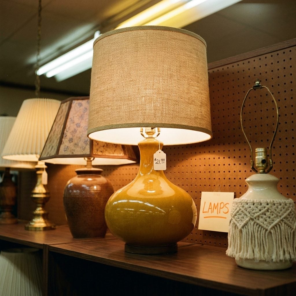 A Ceramic Table Lamp with a Burlap Shade: About $22 in 1978