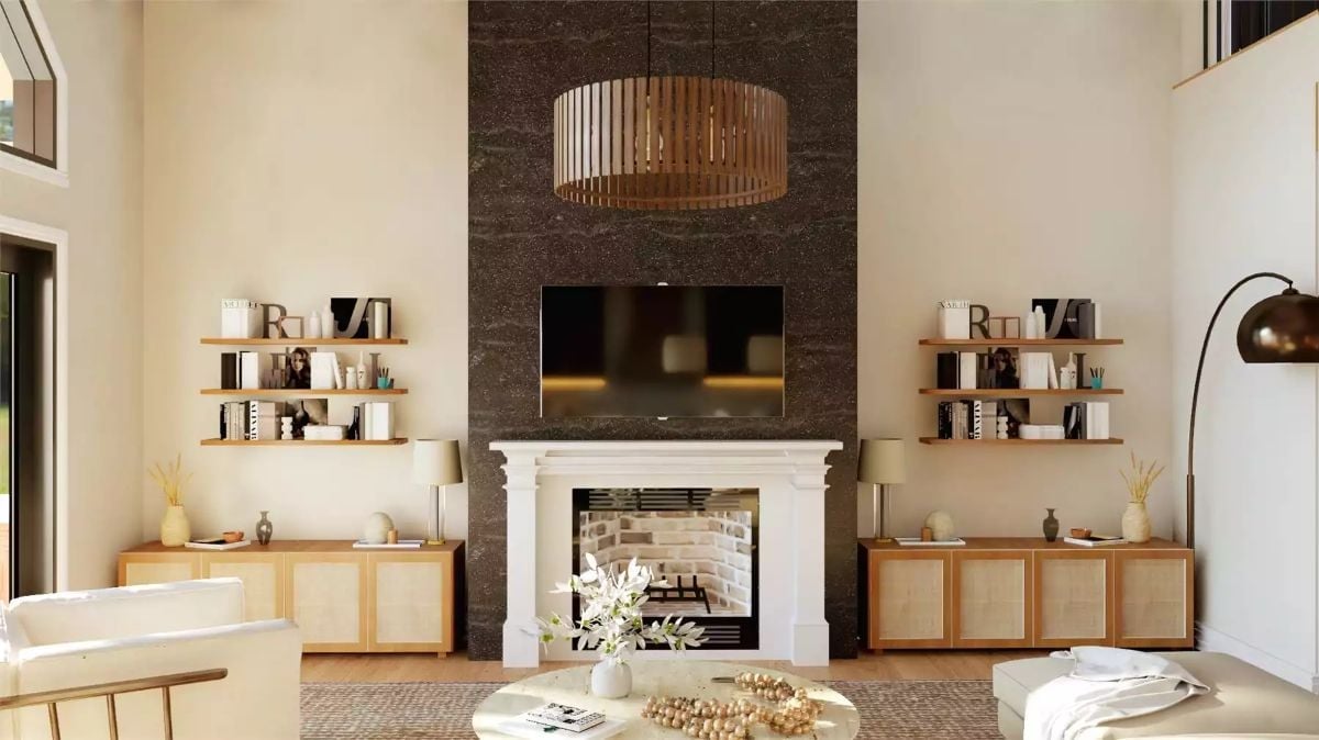 Dark Granite, White Mantel, and a TV Placement That Actually Works