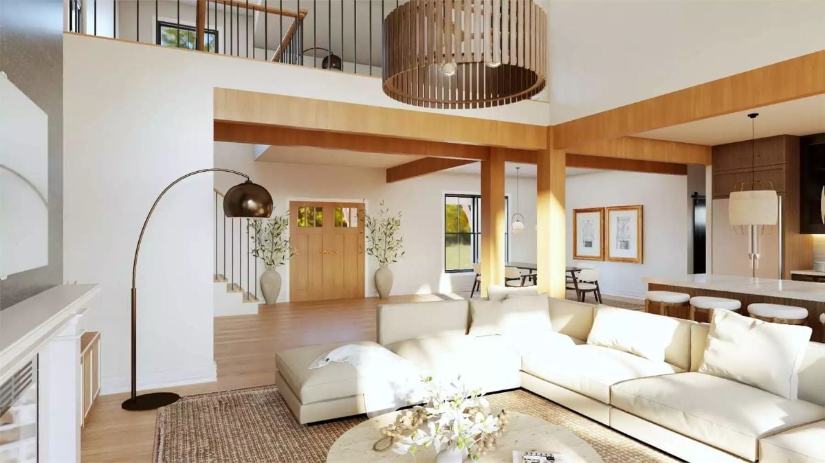 Double-Height Ceilings and Warm Wood Beams Do the Heavy Lifting Here