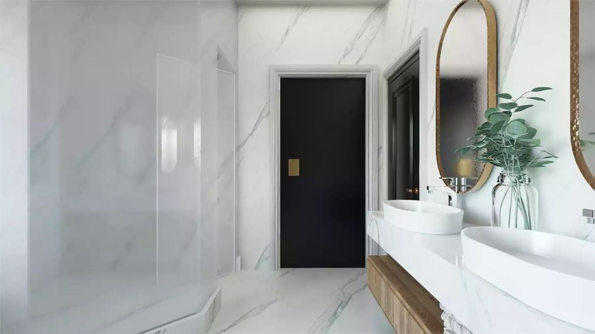 Marble Walls, Black Door, Gold Mirror: Luxury Bath That Knows What It's Doing