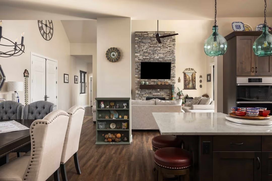 Aqua Glass Pendants Over Dark Cabinetry Are Doing a Lot of Heavy Lifting Here