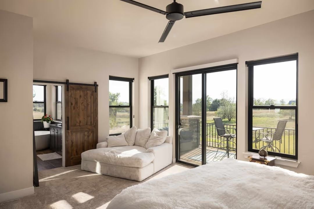 Barn Door, Balcony Access, and a Chaise That Catches Every Bit of Morning Sun