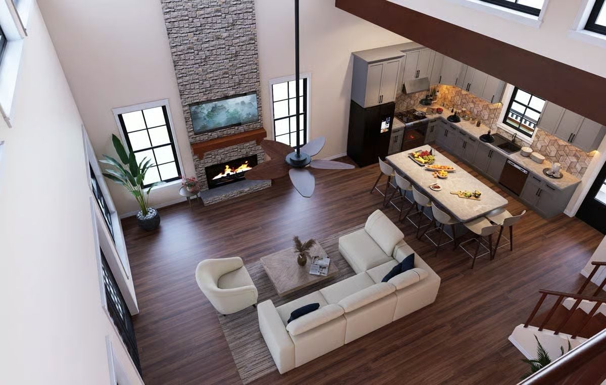 Ceiling Fan, Stone Fireplace, Kitchen Island — Open Living Done Without Apology