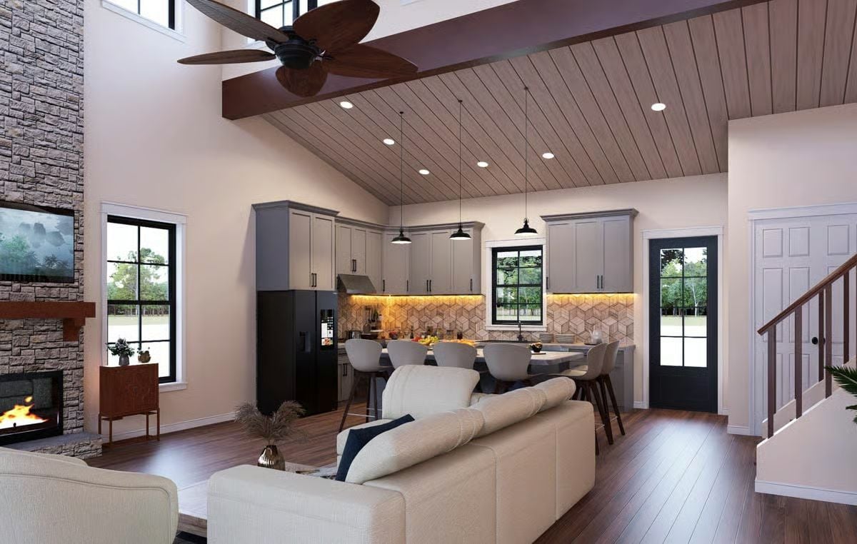 Shiplap Ceiling, Stone Fireplace, and a Kitchen That Doesn't Hide in the Back