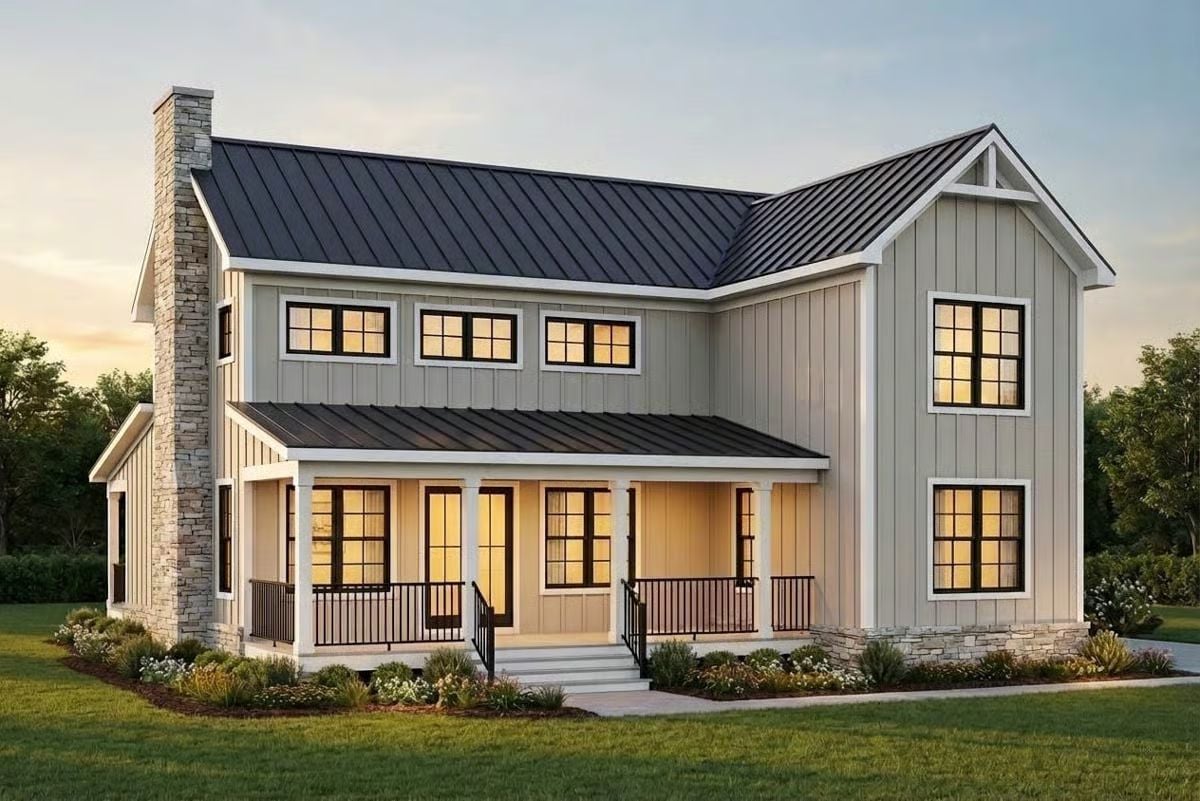 Wraparound Porch, Stone Chimney, Metal Roof — Modern Farmhouse With Its Priorities Straight