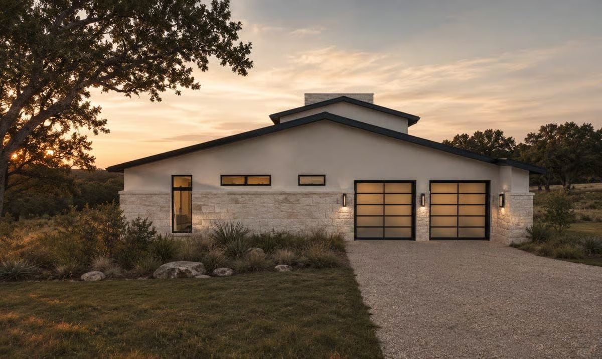 Gravel Drive at Dusk, Glass Garage Doors Glowing Against Hill Country Stone