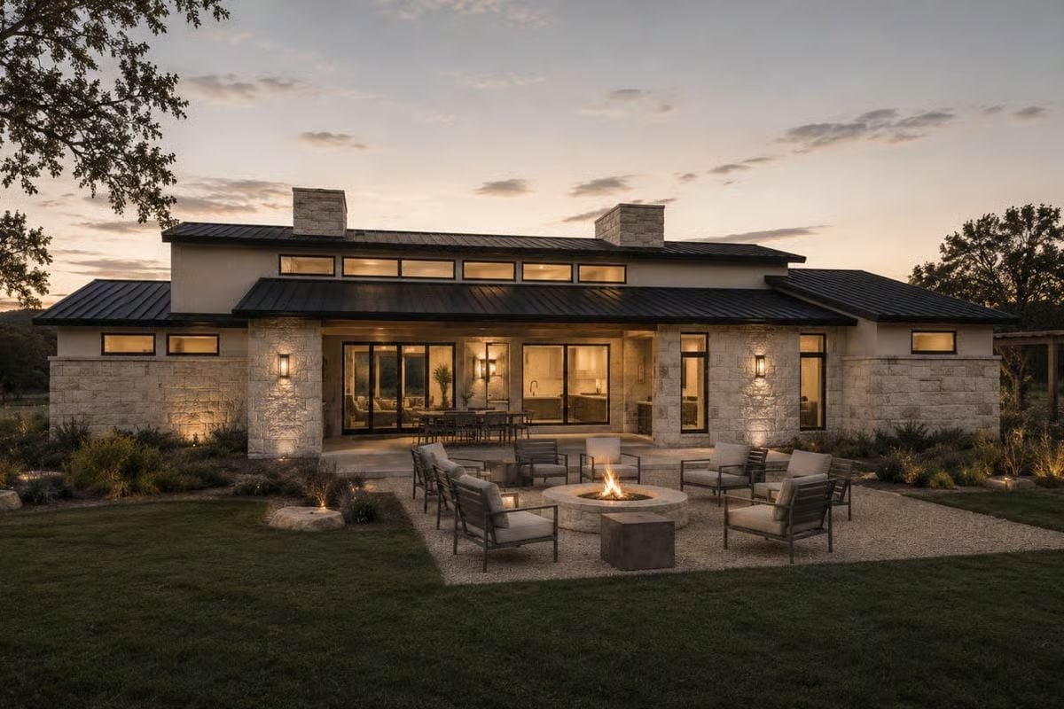 Gravel Fire Pit at Dusk, Stone Columns Framing the Covered Patio Behind