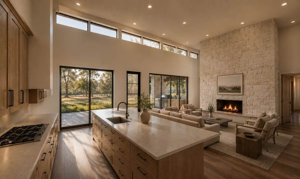 Stone Fireplace Wall Running Floor to Ceiling Anchors the Open Living Area
