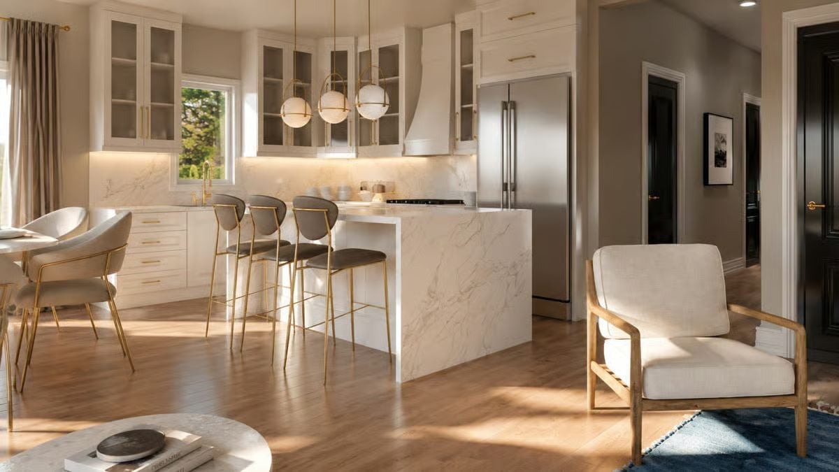 Marble Waterfall Island, Gold Pendants, and Bar Stools Worth Pulling Up To