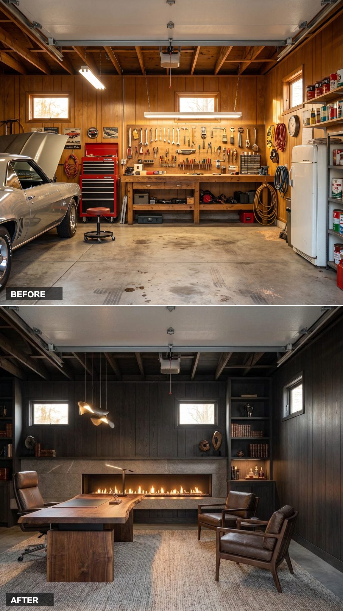 Charcoal Oak Walls and a Hidden Whiskey Cabinet Make This a Proper Executive Retreat