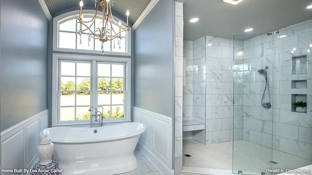 Freestanding Tub by the Window, Marble Shower Built for Two