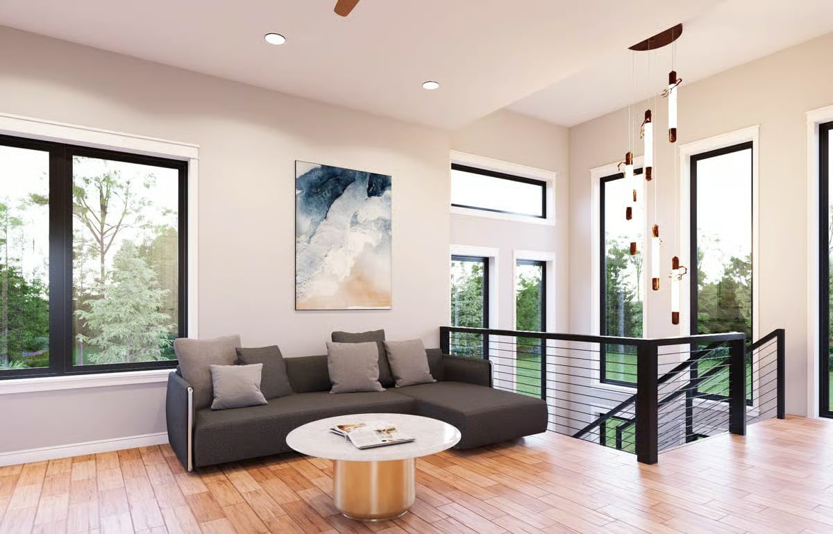 Cable Railing and Copper Pendants Turn an Upstairs Loft Into the Best Seat in the House
