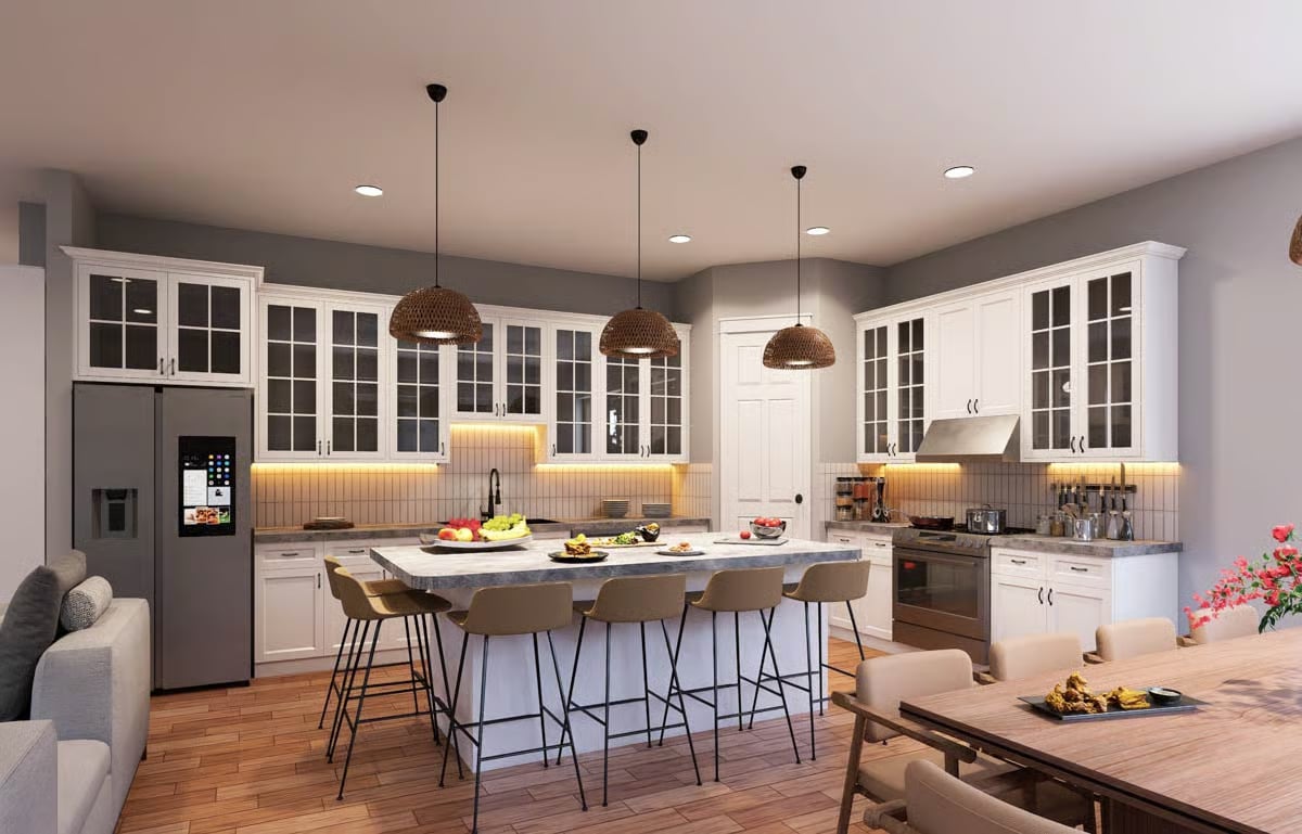 Rattan Pendants and Warm Under-Cabinet Light Pull This Kitchen Together
