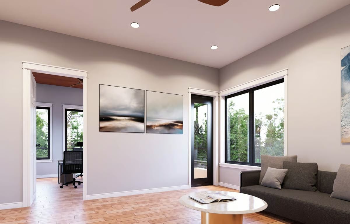 Recessed Lighting and Abstract Diptych Keep This Living Space Calm Without Feeling Bare