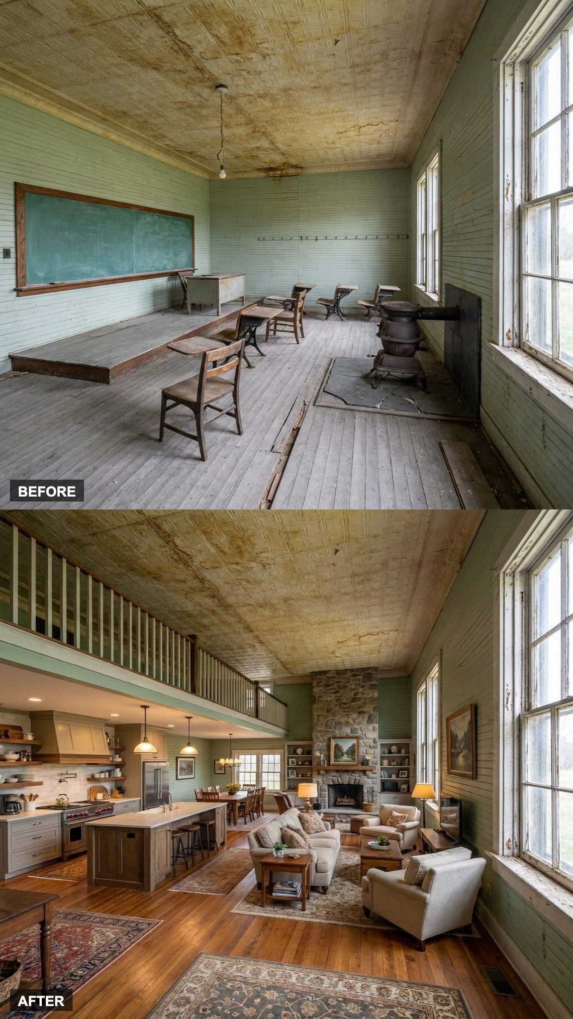 Chef's Kitchen, Loft, Fireplace, Built-Ins, and Every Original Schoolhouse Beam Still in Place: The Full Dream