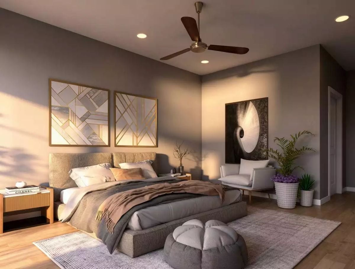 Geometric Gold Art and a Ceiling Fan That Actually Fits the Room