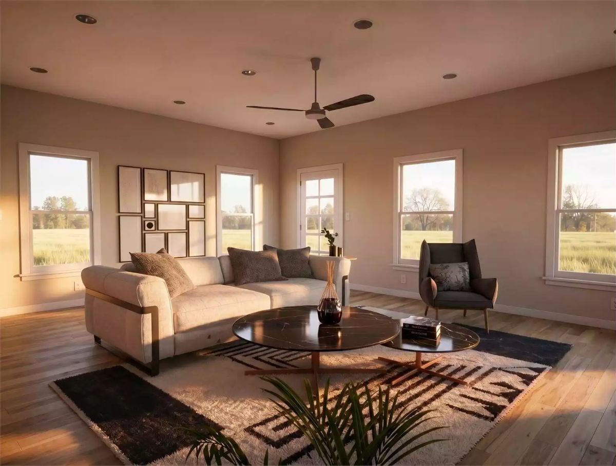 Golden Hour Does the Heavy Lifting in This Farmhouse Living Room