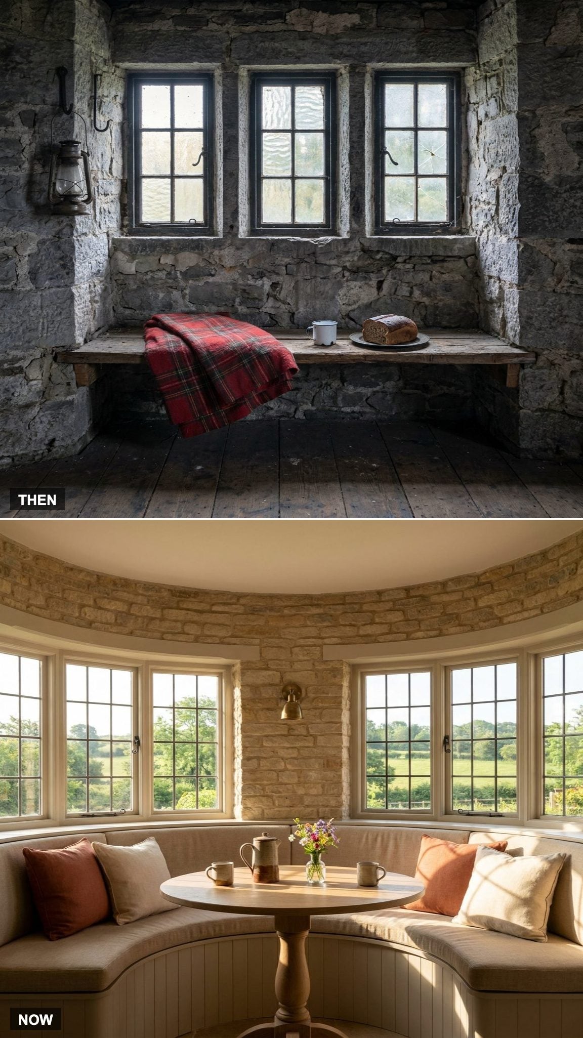 Circular Breakfast Nook Beneath Restored Wraparound Windows