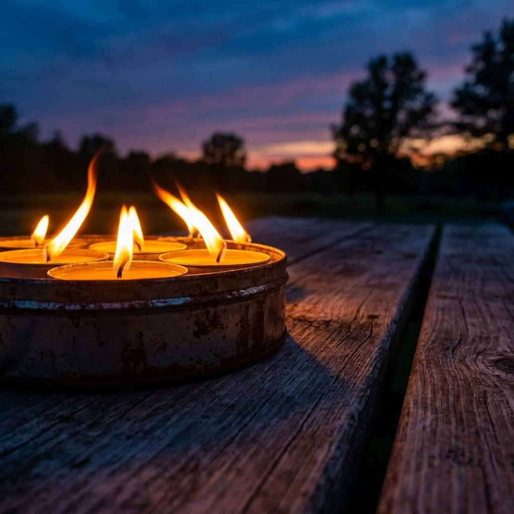 Citronella Candles on the Picnic Table as Dusk Came On
